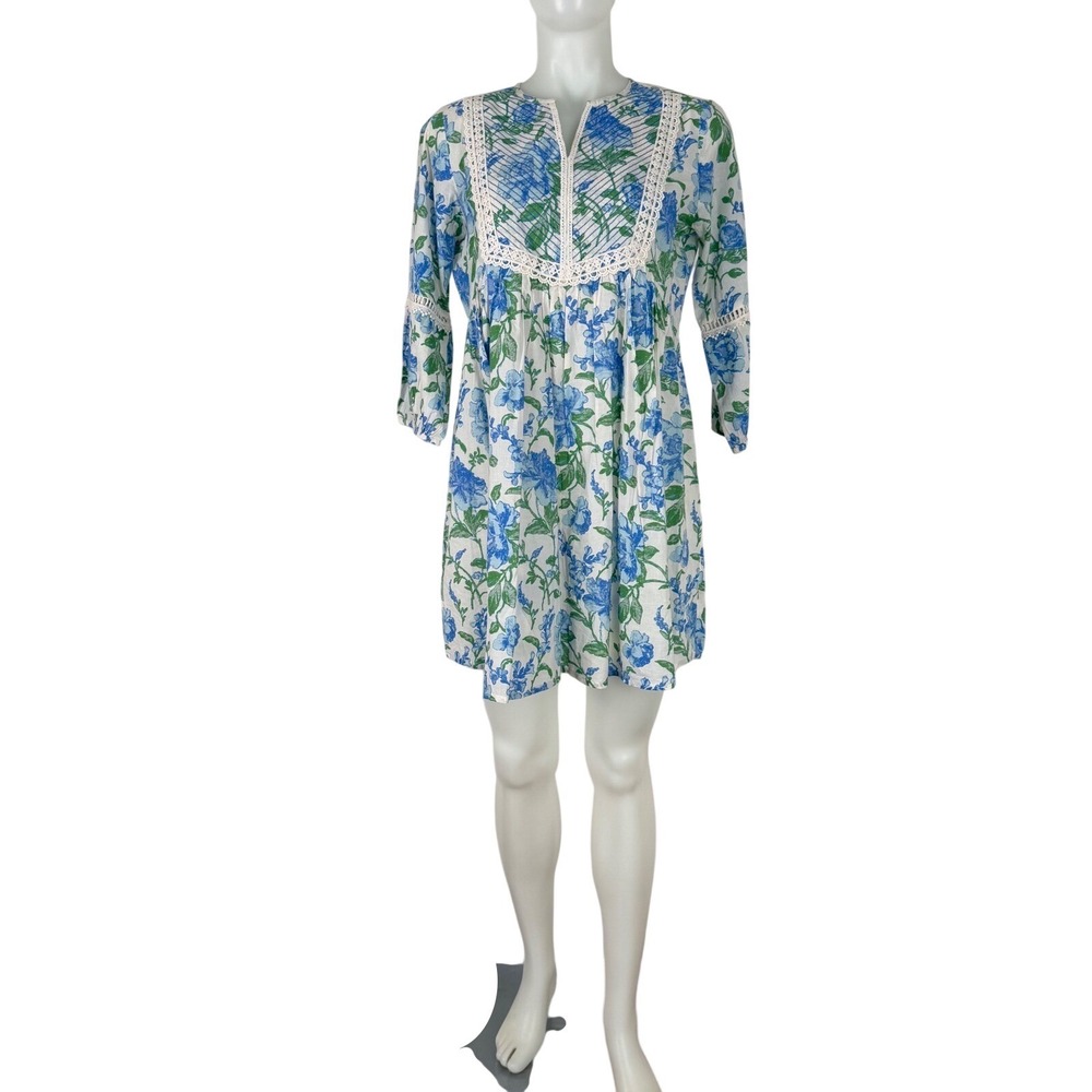BIBA Women Blue Floral Cotton Boho Tunic Dress Crochet Lace Trim Size 36